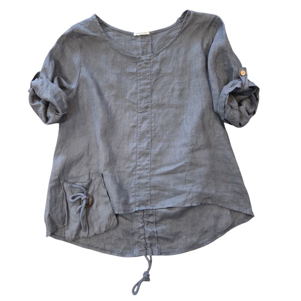 100% linen Made in Italy scoop neck roll sleeves blue gray S / M